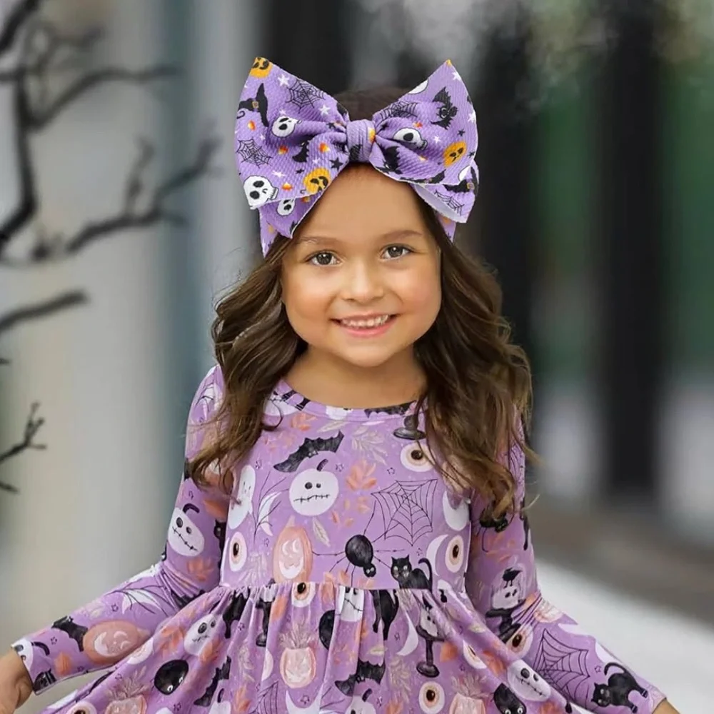 2pc Halloween Bow Headbands Girls Purple White Pumpkin Bat Skull Hair Bows New